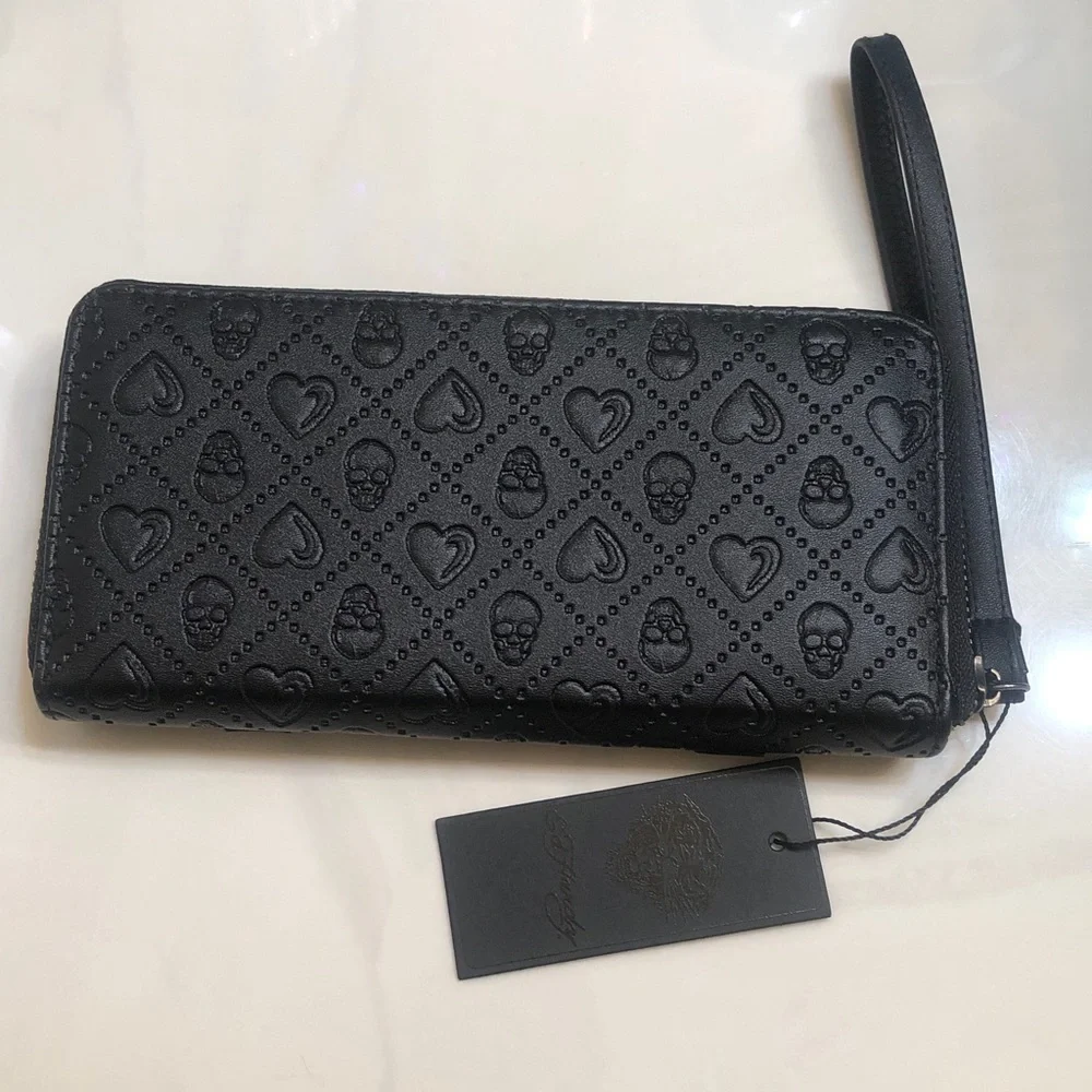 Ed Hardy Black Faux Leather ZA Wallet Embossed Skull & Heart Pattern NWT - Picture 6 of 16